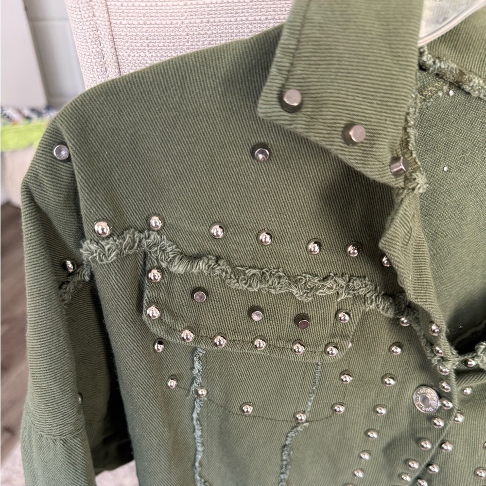 Hengsheng Jeans Olive Studded Cropped Jacket Boho Western Medium - Picture 4 of 7